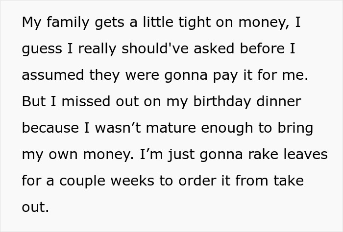 Person Shares How They Failed To Notice Key Cues That Their Parents Wouldn't Pay For Their 18th B-Day Dinner