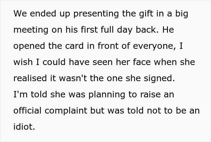 A woman refused to give money for a gift to a colleague with health problems and threatened to file a complaint after realizing her name was not on the card.