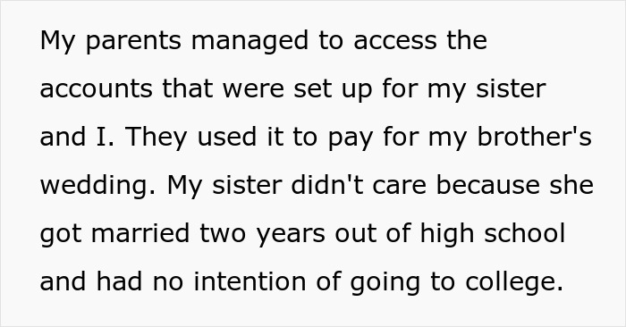 Family Are Furious With Daughter After She Sues Them For Stealing Her College Fund So Their Son Could Have A Grand Wedding Family Are Furious With Daughter After She Sues Them For Stealing Her College Fund So Their Son Could Have A Grand Wedding