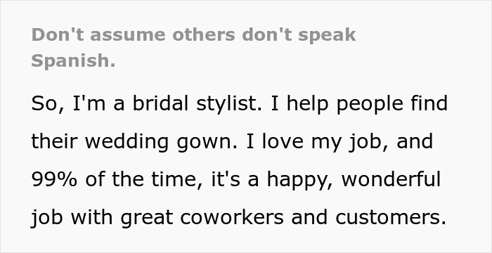 Bridal Stylist Fires Friendly Shots And Says Her Goodbyes In Spanish After Client’s Mom Trash-Talked Her Throughout The Entire Appointment Bridal Stylist Fires Friendly Shots And Says Her Goodbyes In Spanish After Client’s Mom Trash-Talked Her Throughout The Entire Appointment