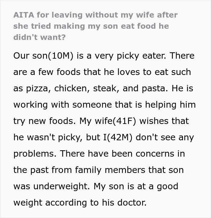"our son is very noisy": The father left the party after his wife tried to get him to eat something he didn't like.