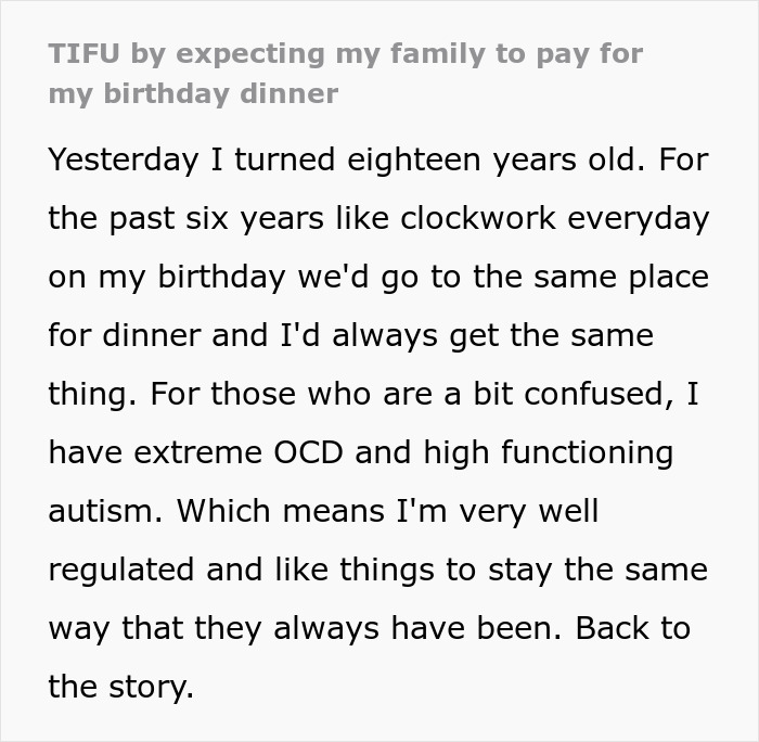 Man shares how his parents failed to notice the key clue he wasn't paying for his 18th birthday dinner