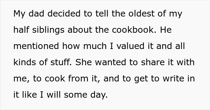 Father angry that daughter didn't share deceased cookbook with her half-sister with whom he was having an affair