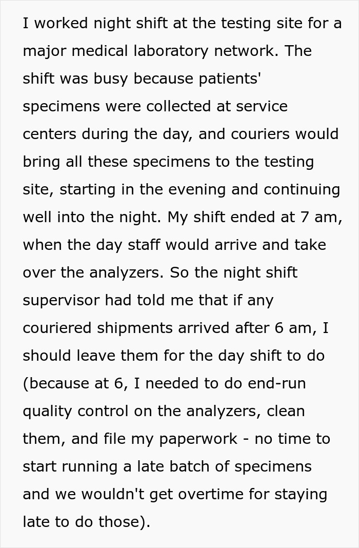 "And Then, At Exactly 7AM, He Quietly Went Home": Lab Employee Maliciously Complies With The Shift Manager As She Orders Him To Keep Working After Hours "And Then, At Exactly 7AM, He Quietly Went Home": Lab Employee Maliciously Complies With The Shift Manager As She Orders Him To Keep Working After Hours