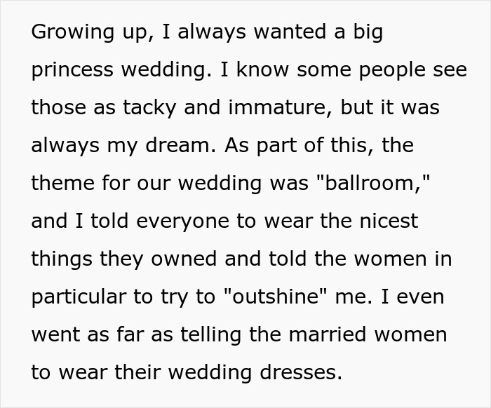 The bride asks everyone to wear the nicest dress, and her husband's ex-fiancé wears the dress she was going to marry him.