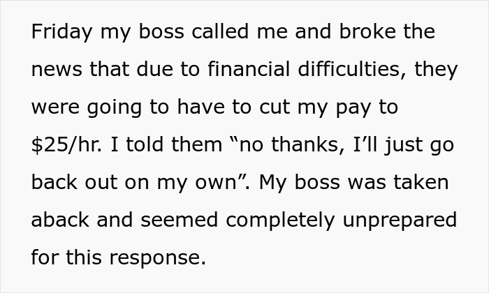 Boss implodes and makes complete fool of himself after employee quits after refusing $5 hourly pay cut