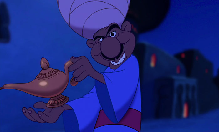 Merchant from Aladdin holding Genie's lamp at night