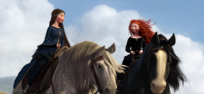 Merida and her mother Queen Elinor on horses looking at each other