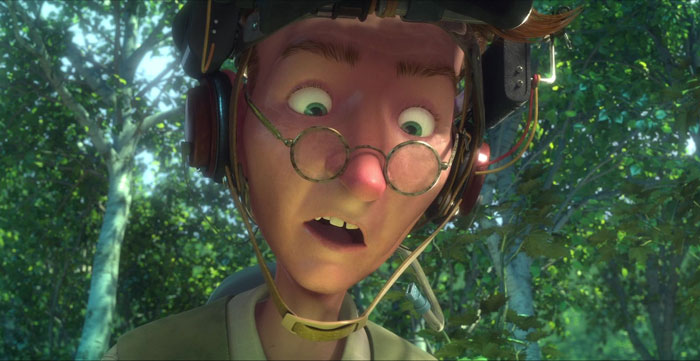 A cartoon character wearing glasses and a helmet looks surprised in a forest scene, embodying cartoon quotes relatable to life.