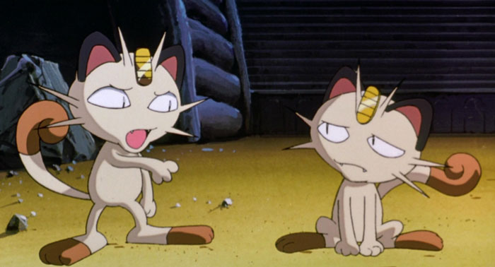 Meowth and his twin looking at each other