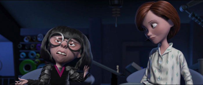 Edna Mode talking and Elastigirl looking at her