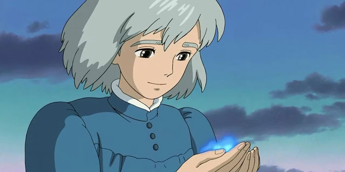 Character with light blue hair holding a glowing blue object at sunset, illustrating a meaningful cartoon moment.