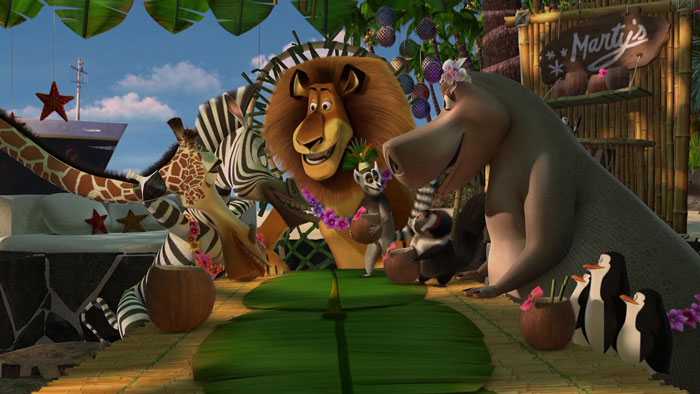 Cartoon animals enjoying tropical drinks at a festive table.