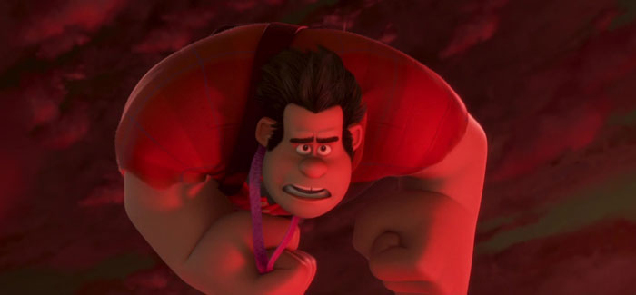 Wreck-It Ralph flying in the red sky