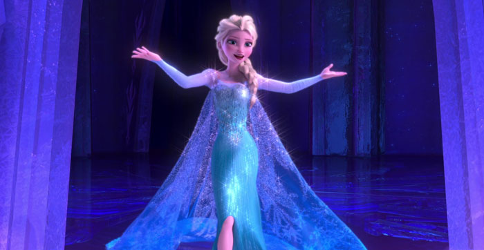 Animated character in a sparkling blue gown with open arms, showcasing a magical scene from a cartoon.
