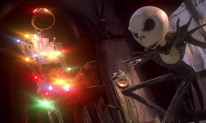 Skeleton character from a cartoon in a dark room decorated with colorful lights, conveying a real-life situation theme.