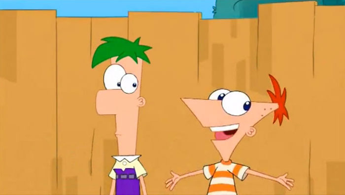 Phineas looking very happy and Ferb looking emotionless standing next to each other