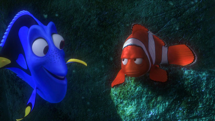Two cartoon fish having a conversation in an underwater scene, highlighting versatile cartoon quotes.