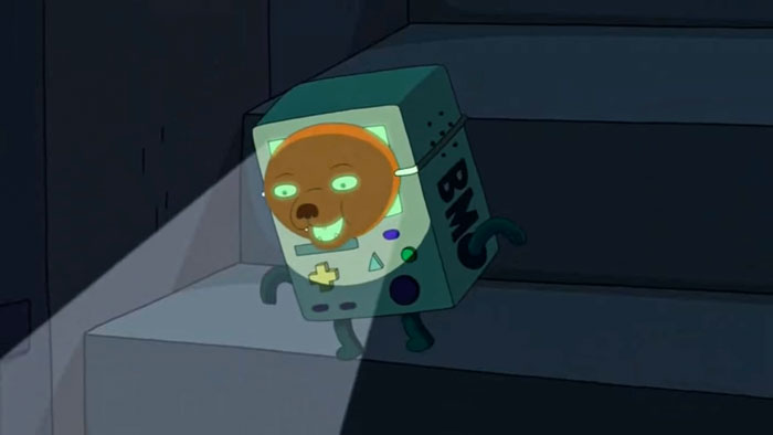 BMO from 'Adventure Time' climbing the stairs and smiling