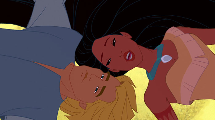 Pocahontas and John Smith lying on the ground next to each other
