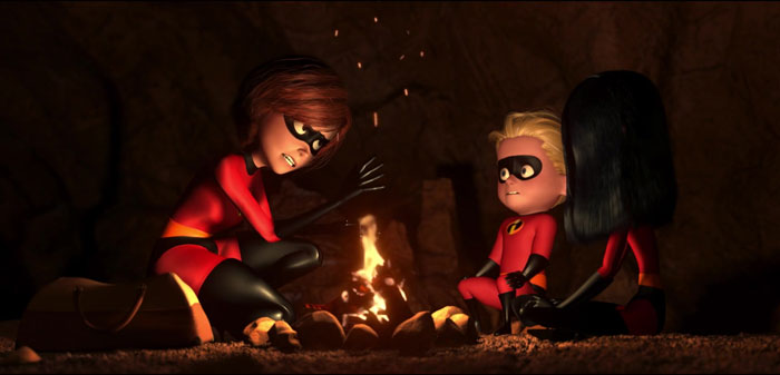Three cartoon characters in superhero outfits sitting by a campfire in a cave, discussing a situation.