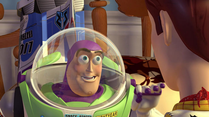 Buzz Lightyear and Woody in a room, engaging in a conversation with expressions of surprise, a moment that captures cartoon quotes' essence.