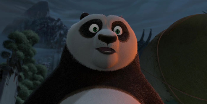 Cartoon panda with wide eyes, capturing real life situation emotions in an animated scene.