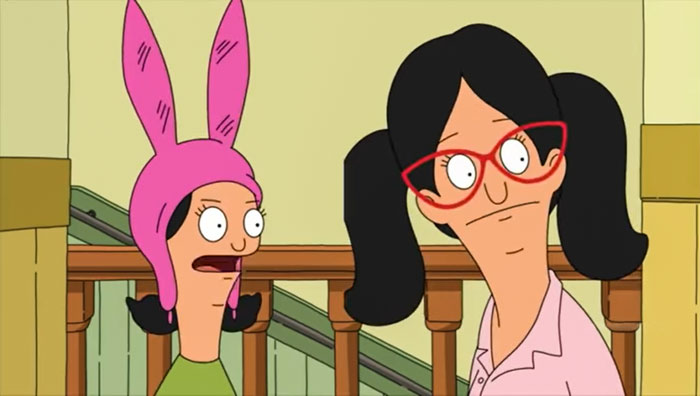 Two cartoon characters having a conversation, one wearing a pink bunny-ear hat and the other red glasses, expressing cartoon quotes.