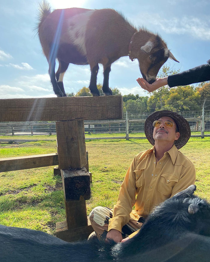 Man in a hat and yellow glasses sits by a goat, outdoors on a sunny day, highlighting celebrity interaction with animals.