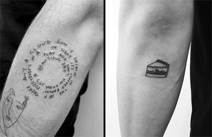 Celebrity tattoos on arms: circular text and a slice of pie.