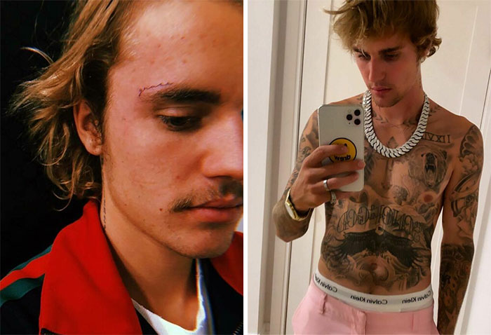 Celebrity tattoos on a shirtless person looking at a phone, with another image of the same person in profile showing eyebrow detail.