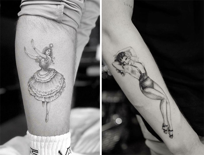 Celebrity tattoos featuring a ballerina on a calf and a pin-up model on a forearm, in monochrome detail.