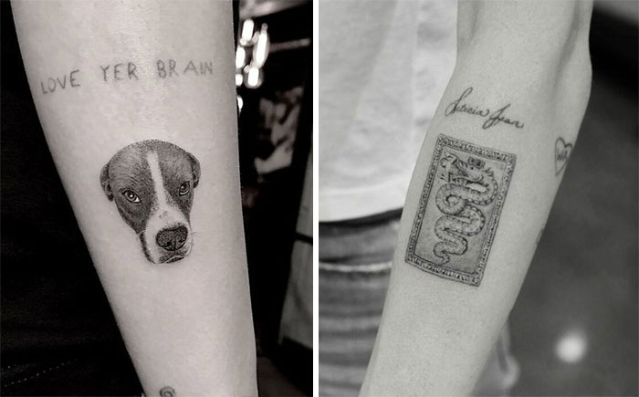 Two celebrity tattoos: a dog portrait with "LOVE YER BRAIN" and a snake card with a signature on forearms.