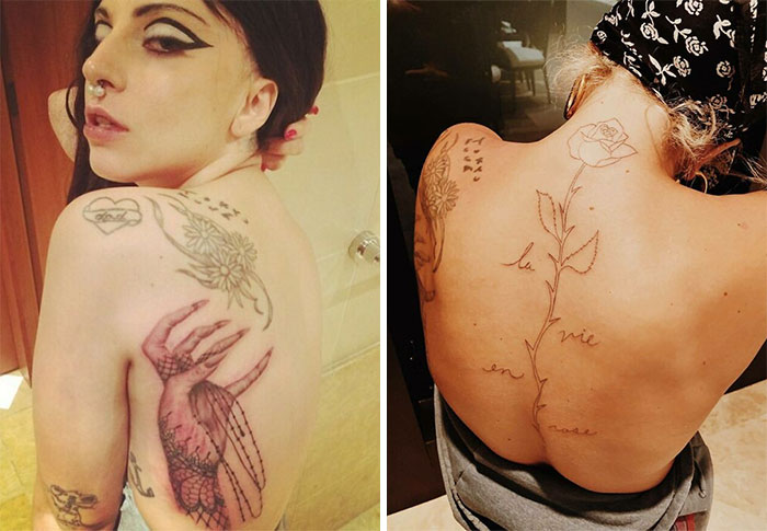 Celebrity tattoos on Lady Gaga's backs, featuring floral and bird designs.