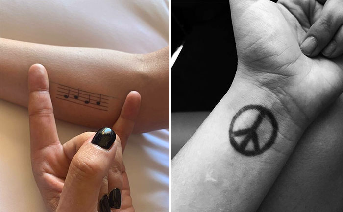 Celebrity tattoos featuring a music notes design and a peace symbol on forearms.