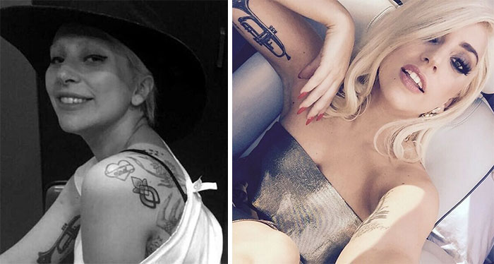 Two celebrities displaying their distinctive tattoos on arms and shoulders.