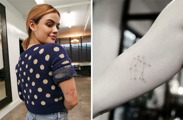 Celebrity with a heart tattoo on arm and another star tattoo in the shape of a constellation on forearm.