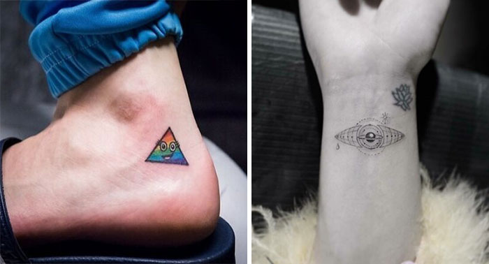 Colorful triangle eye and delicate space-themed tattoos on celebrity skin.