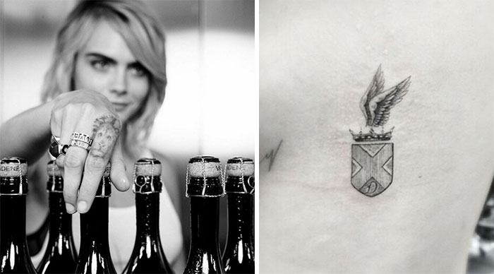 Celebrity tattoos: a woman displays knuckle tattoos among bottles; an arm tattoo with a winged crest.