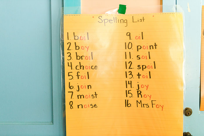 Spellingl list on yellow paper hanging on wall