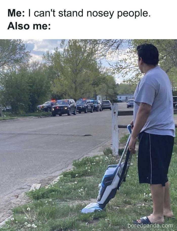 Person with vacuum watching police cars, humorous meme about relationships.
