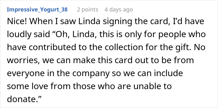Karen Refuses To Contribute To A Gift For Sick Manager, Throws A Fit When She Doesn't Get Credit For It Karen Refuses To Contribute To A Gift For Sick Manager, Throws A Fit When She Doesn't Get Credit For It