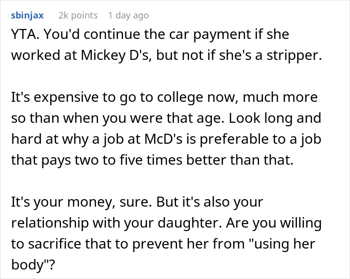 22 Y.O. Daughter Doesn't Want To Leave Her Stripper Job Since It's 'Easy Money', Dad Ends Up Refusing To Help Her With Car Payments