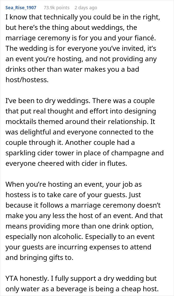 “Am I A Jerk For Having A Dry Wedding And Serving Only Water For Drinks?”: The Internet Gives This Engaged Woman A Reality Check “Am I A Jerk For Having A Dry Wedding And Serving Only Water For Drinks?”: The Internet Gives This Engaged Woman A Reality Check
