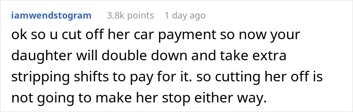 22 Y.O. Daughter Doesn't Want To Leave Her Stripper Job Since It's 'Easy Money', Dad Ends Up Refusing To Help Her With Car Payments 22 Y.O. Daughter Doesn't Want To Leave Her Stripper Job Since It's 'Easy Money', Dad Ends Up Refusing To Help Her With Car Payments