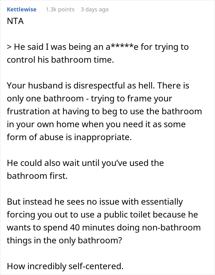 Guy Calls Wife A Jerk For Trying To Control His Bathroom Time, The Internet Says That He's The One Who Needs A Reality Check