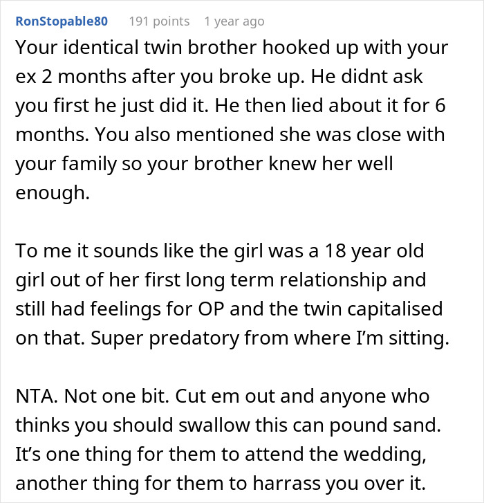 Guy Turns Down Twin Brother And Ex-Girlfriend’s Wedding Invitation, Asks If He’s Wrong Guy Turns Down Twin Brother And Ex-Girlfriend’s Wedding Invitation, Asks If He’s Wrong