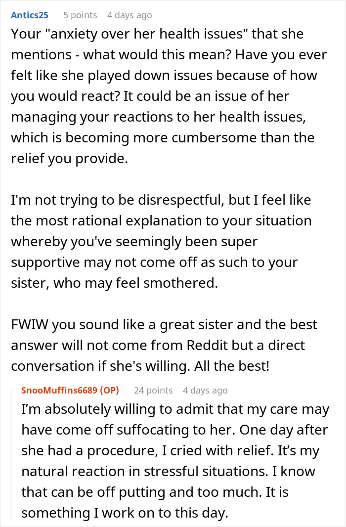 "She Said That My Anxiety Over Her Health Issues Was Too Much": Family Drama Arises As Woman Cuts Off Contact With Her 'Too Intrusive' Sibling "She Said That My Anxiety Over Her Health Issues Was Too Much": Family Drama Arises As Woman Cuts Off Contact With Her 'Too Intrusive' Sibling