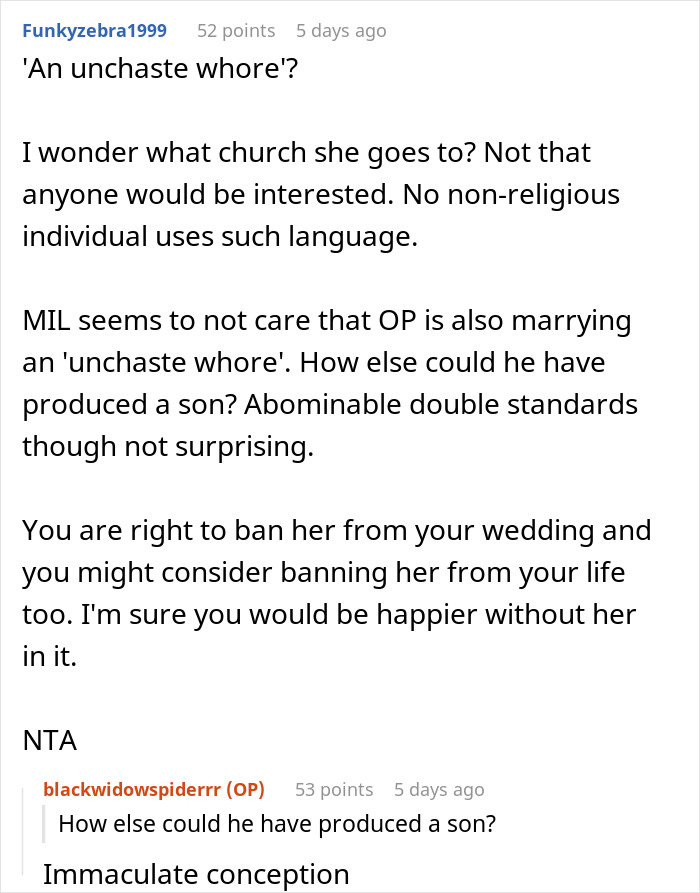 Woman Calls Her Future Daughter-In-Law A 'Used Woman', Is Shocked When She Bans Her From The Wedding Woman Calls Her Future Daughter-In-Law A 'Used Woman', Is Shocked When She Bans Her From The Wedding