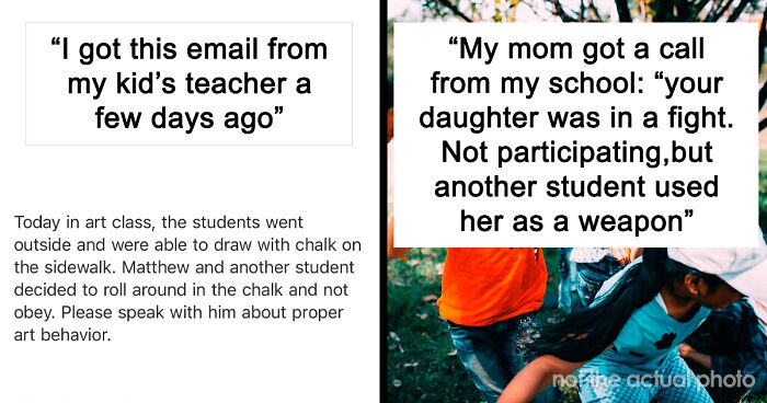 Text conversation about unhinged kids includes a chalk prank and a school fight where a child was used as a weapon.